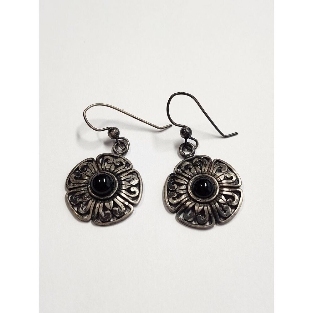 Jezlaine Sterling Black Center Floral Drop Earrings